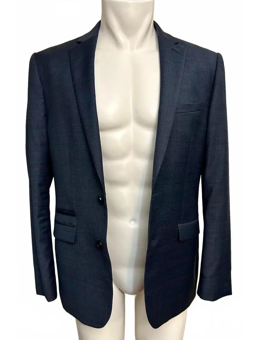 Express Men’s 40R Slim Fit Stretch Blazer Blue Plaid 2 Button Sport Coat Jacket
